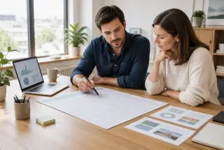 Deux professionnels d’une PME planifient une stratégie de communication annuelle autour d’un calendrier et de graphiques dans un bureau lumineux.