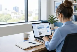 Professionnelle préparant une newsletter sur un ordinateur portable dans un bureau lumineux, avec un carnet et une tasse de café.