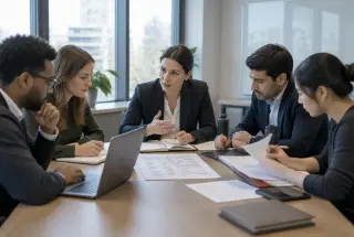 Cellule de crise réunissant cinq professionnels autour d’une table pour vérifier les faits et coordonner la réponse de l’entreprise.